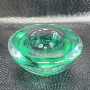 Vintage Kosta Boda Thick Heavy Glass Votive Candle Holder Green White Swirl VTG